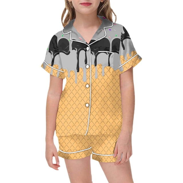 Hiiyo Girls Pajamas Ice-Cream Print Short Sleeve Button Shirt Shorts Sleepwear Set