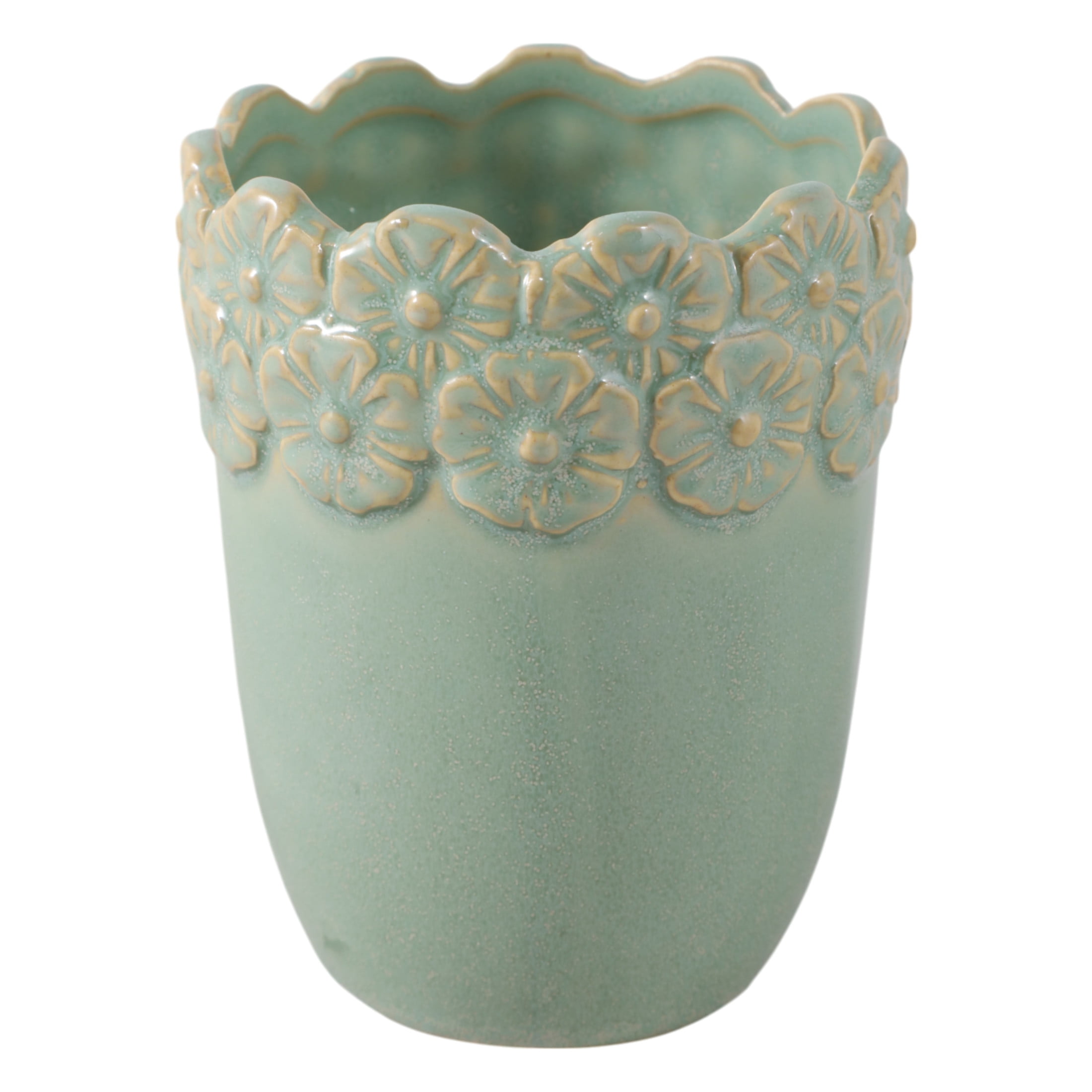 Flower and Scallop Border Ceramic Desk Organizer - Cute Desktop and Office Storage Organizer for Workspace Decor - Functional Small Desk Holder for Office Accessory and Home Decor - 4", Green