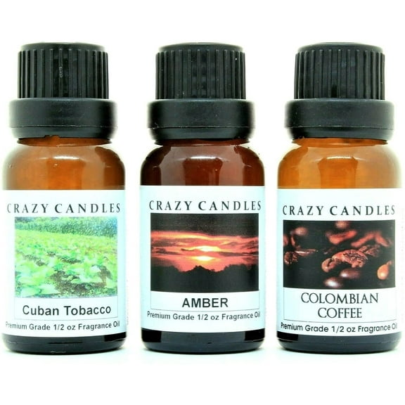 Crazy Candles 3 Bottles Set, 1 Amber, 1 Cuban Tobacco, 1 Colombian Coffee1/2 Fl Oz Each (15ml) Premium Grade Scented Fragrance Oils