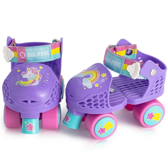 Patines SULIFEEL para niños ajustables con forma de unicornio cuádruple, color morado