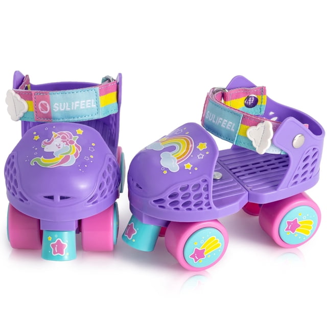 Patines SULIFEEL para niños ajustables con forma de unicornio cuádruple, color morado
