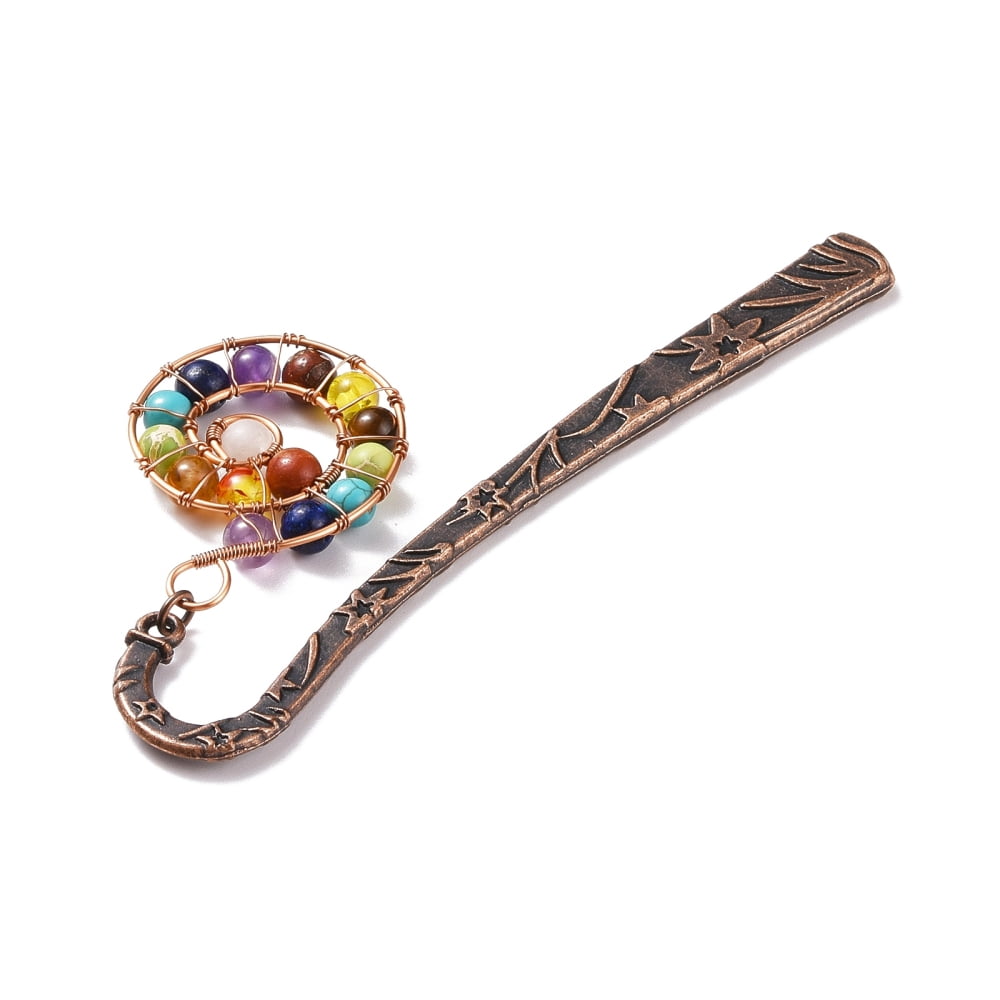 10pc Chakra Theme Gemstone Beaded Bookmarks with Tibetan Style Alloy Stick for Student Office Birthday Present Red Copper 120x24x4mm