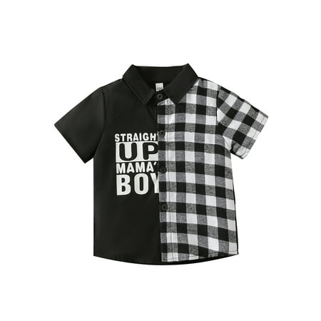 

Suanret Kids Little Boys Short Sleeve Tops Summer Casual Letter Printed Plaid Patchwork Lapels Button-up T-shirt Black Little Man 2-3 Years