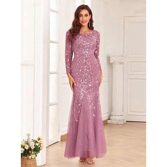 Dusty Pink Sequin Embroidered Mesh Mermaid Evening Dress