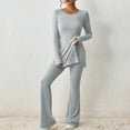 thumbnail image 2 of ShomPort Womens Knit Pajamas Sets Loungewear Two-Piece Sleepwear Casual Pjs Tops and Wide Leg Ribbed Pants (Gray), 2 of 6