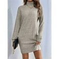 thumbnail image 4 of Women Long Sleeve Oversize Turtle-Neck Sweater Dress Cable Knit Short Dresses Vacation Winter Clothes Gray S, 4 of 9