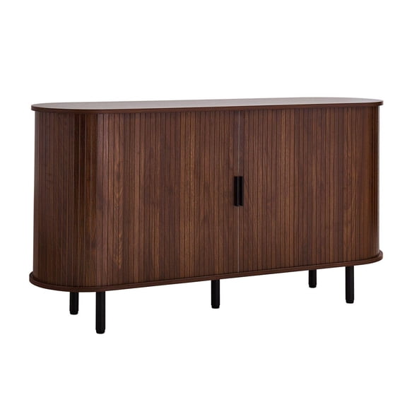 Mid Century Modern Walnut Coffee Bar Cabinet with 2 Sliding Doors Fluted Sideboard Buffet Table for Living Room Kitchen Entryway 55.1x15.7x29.5 in