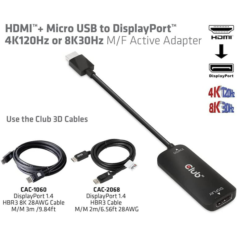4K 120Hz or 8k30Hz HDMI to DisplayPort Video Adapter w/USB Power - HDMI 2.1  (Male) to DP 1.4 (Female) Active Monitor Converter (CAC-1335) 