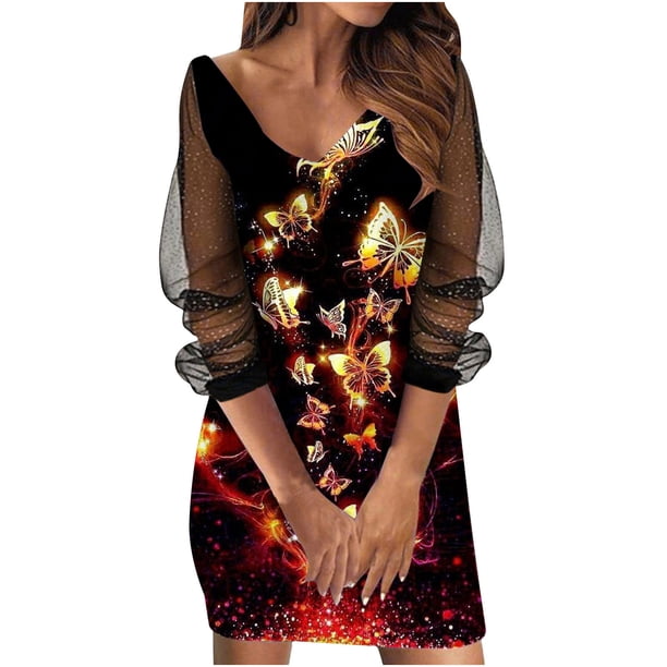 Vestido estampado para mujer de moda Perspectiva de malla transparente Vestidos con cuello en V de manga larga Pompotops hdfakjf1909