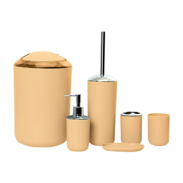 Juego de 6 accesorios de baño, dispensador de jabón líquido, cepillo de dientes y escobilla de inodoro. Amarillo