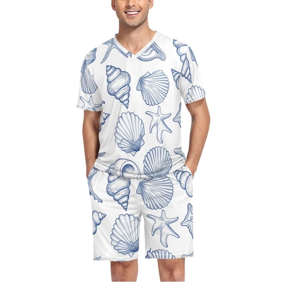 joogoo Men's Pajama Set Sea Shells and Conch V-Neck Pj Shorts Set 2 Piece Loungewear Sleepwear L