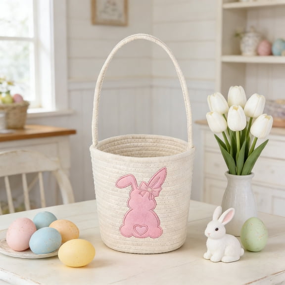 Kbndieu Easter Basket with Handle, Bunny Pattern Easter Baskets for Kids Boys Girls, Egg Hunting Easter Bucket, Easter Tote Bags for Easter Decorations Candy Gifts Toy Storage
