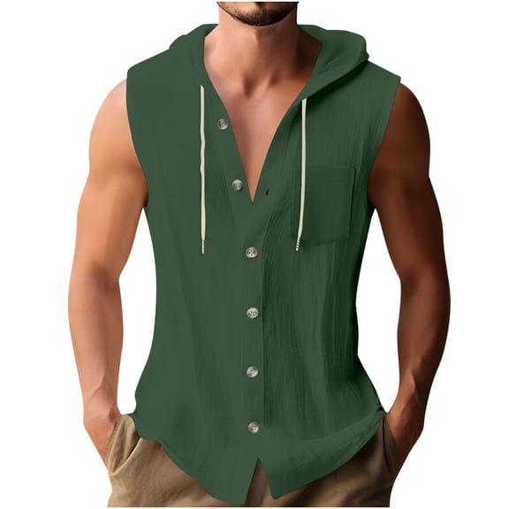 Busydd Mens Tank Top Beach Summer Solid Color Button Tank Tops for Men Casual Drawstring Sleeveless Hoodies for Men with Pocket XL