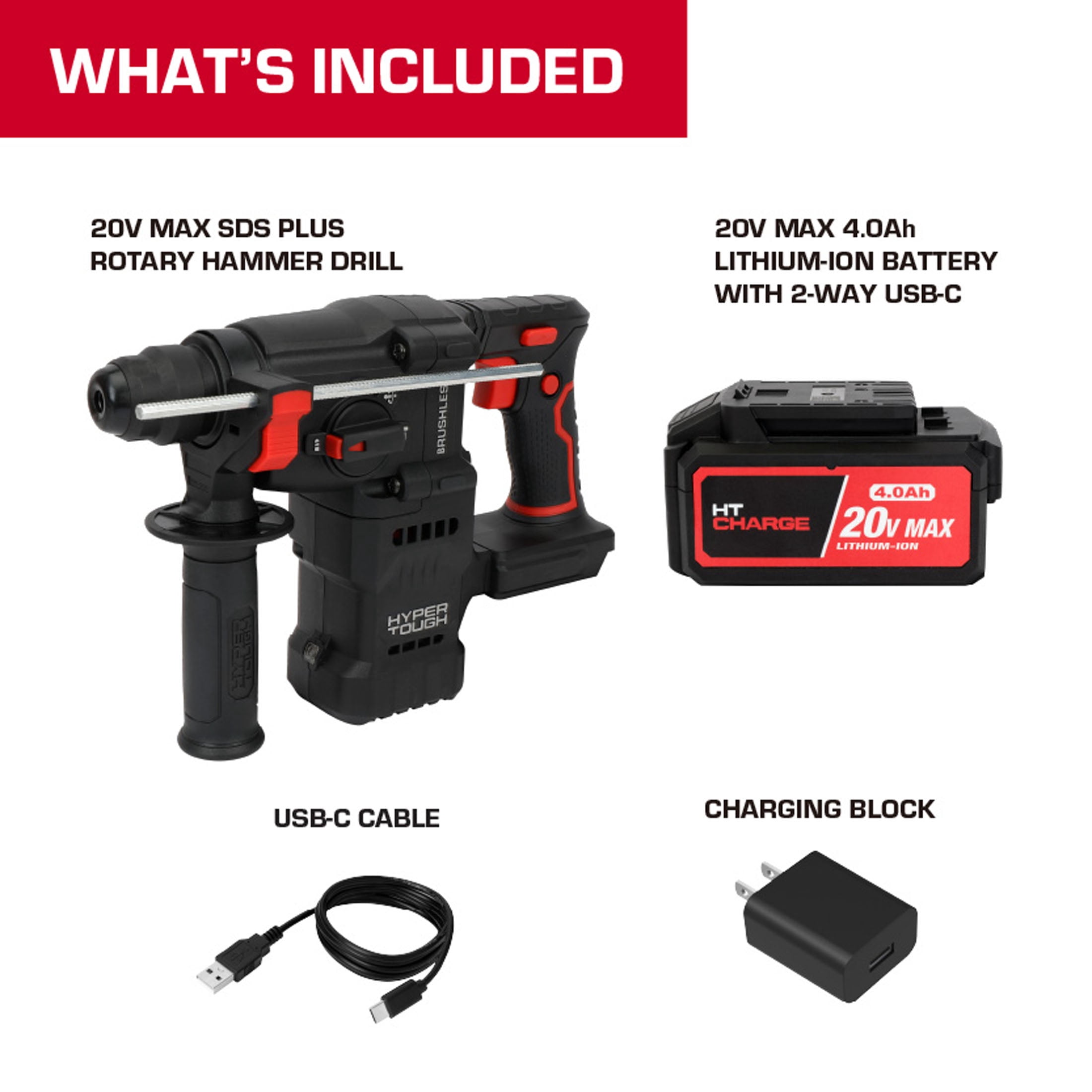 Hyper Tough 20V Brushless SDS Plus Rotary Hammer Drill with 4.0Ah Battery