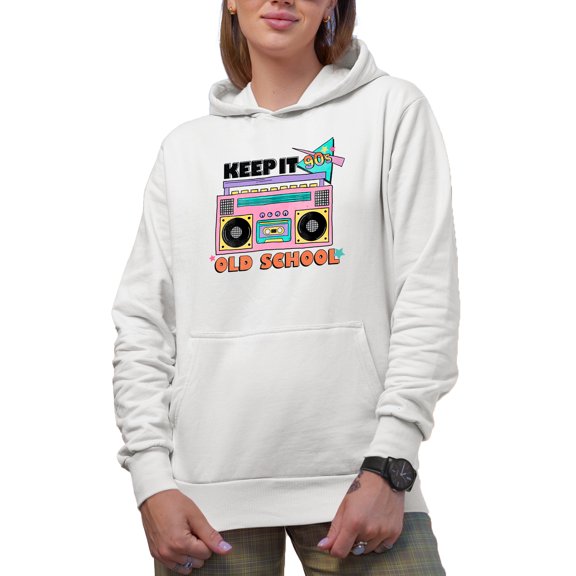 Keep It 90s Old School with Retro Radio Cassette Player Art Merch Gift, White Hooded Sweatshirt or Hoodie, Small
