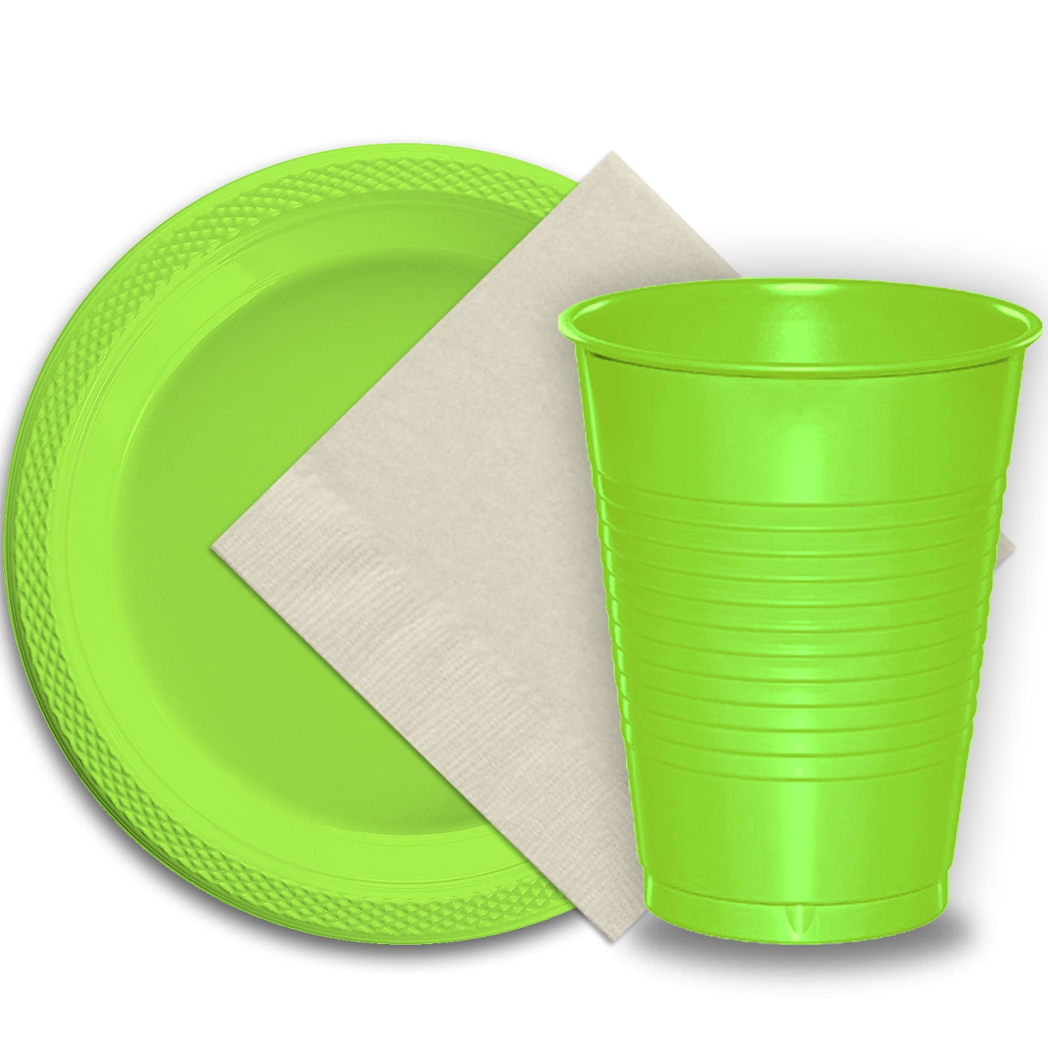 50 Lime Green Plastic Plates (9"), 50 Lime Green Plastic Cups (12 oz.), and 50 Ivory Paper