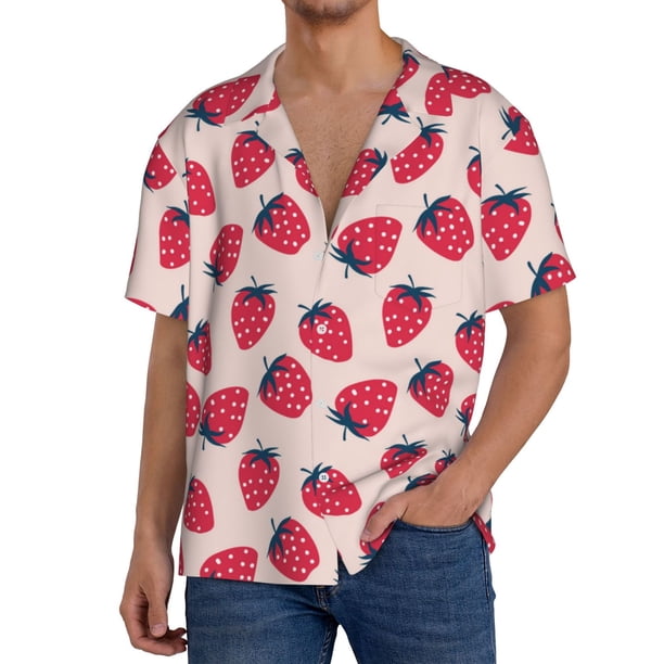 Balery Strawberry Camisa Casual de Manga Corta con Botones para Hombre, Texturizada, Estilo Cubano, para Playa, Verano-Medium