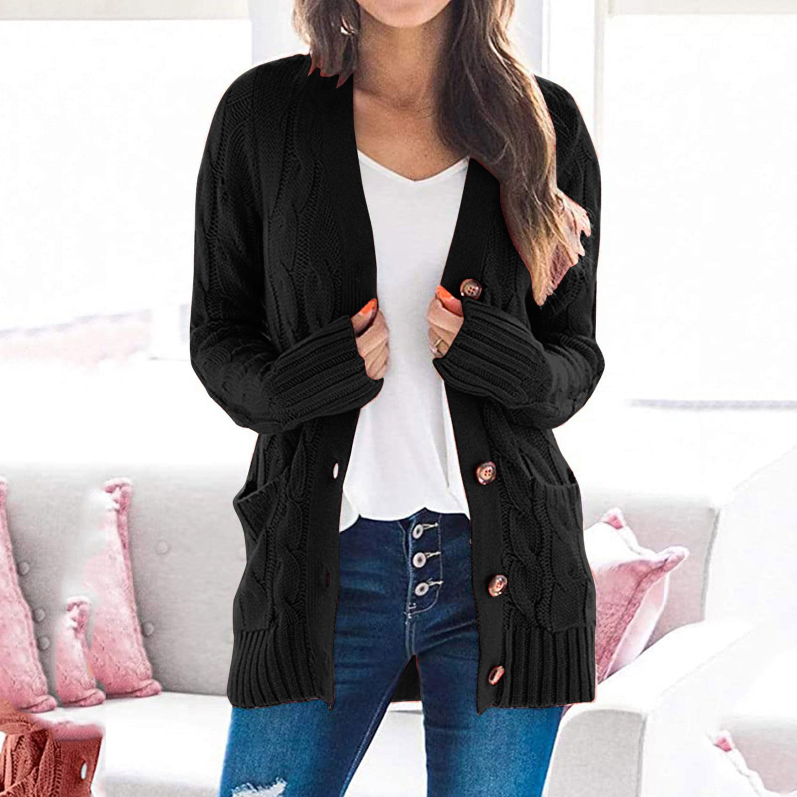 JDEFEG Soft Cardigan Women Warm Long Coat Patchwork Printing Long Sleeve  Coats V-Neck Cropped Sweater Winter Soft Solid Sweater Top Womens Plus Size  Short Sleeve Cardigans Cotton Black L 