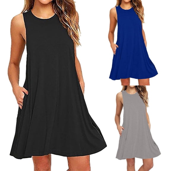 HAJWOH Summer Dresses for Women Party Dress Casual Sleeveless Sundress Knee Length Dress with Pockets