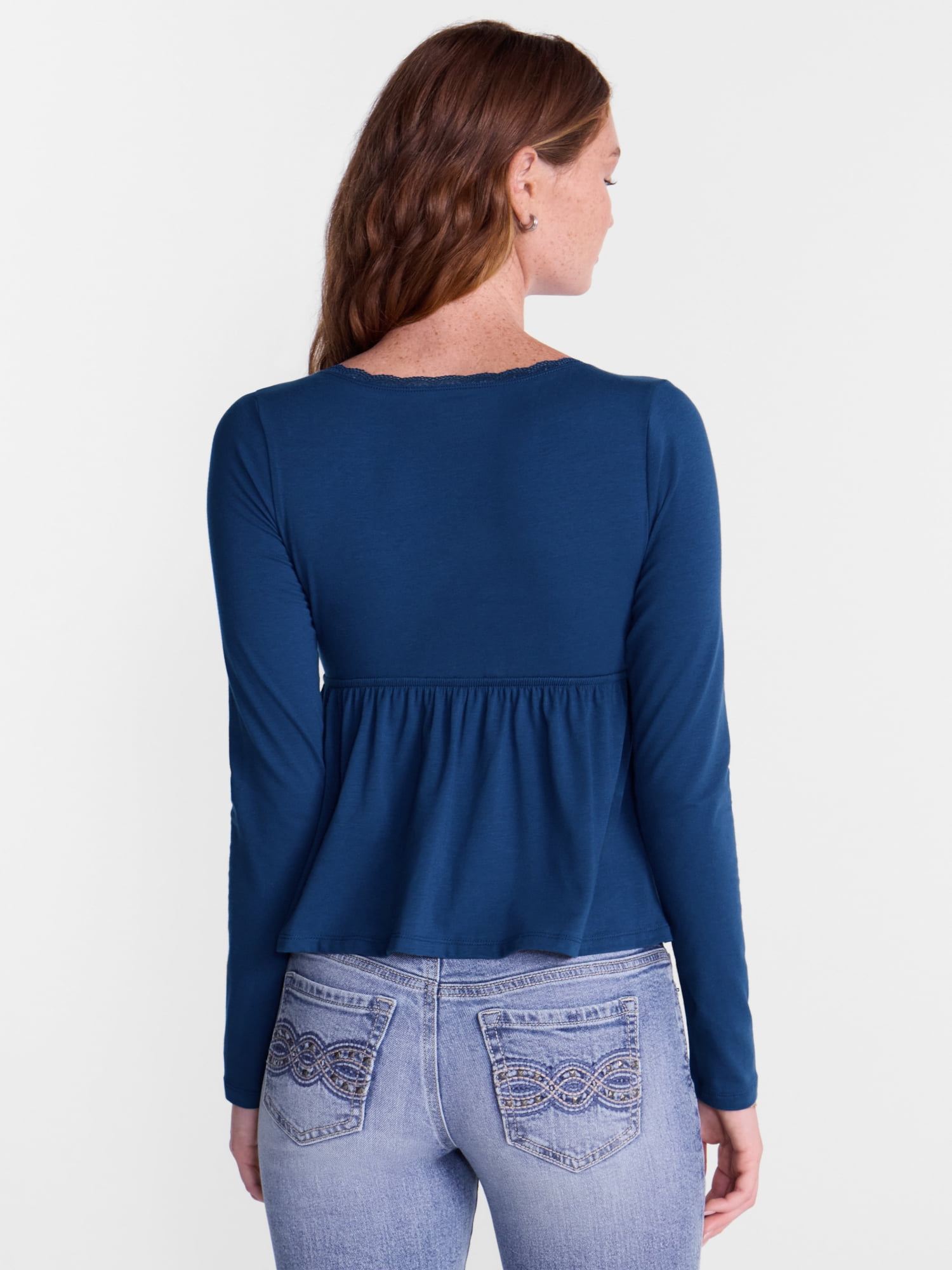 No Boundaries Babydoll Top with Long Sleeves, Women’s XXS-XXL