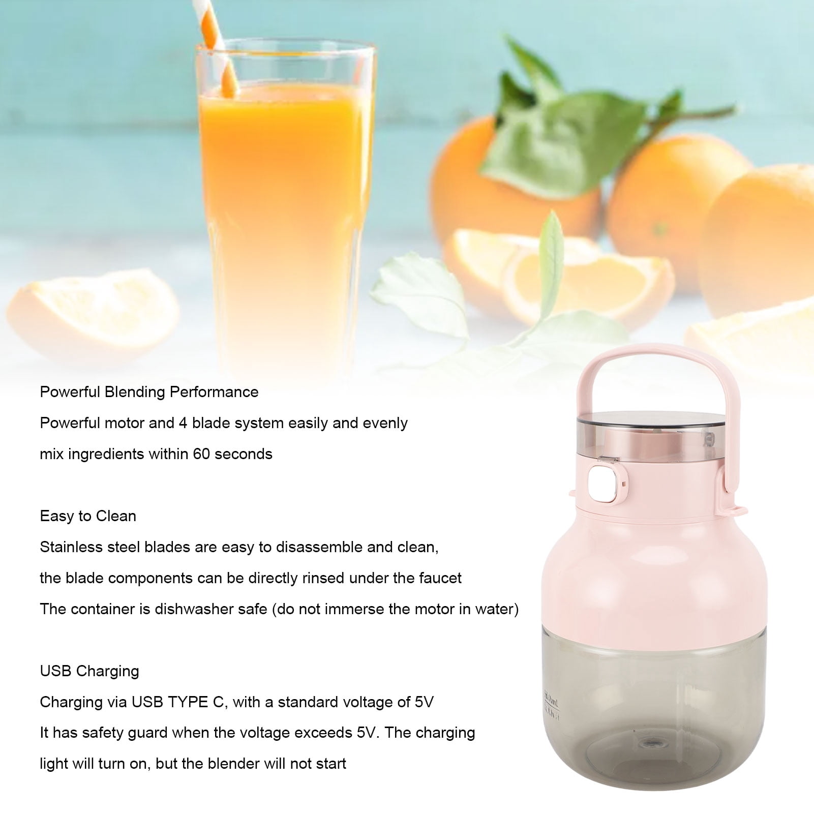 Rupoun 1L Portable Blender 70W Powerful Personal Juicer Cup for Shakes and Smoothies, USB Rechargeable Travel Blender for Gym Office (33.8 oz / 1000 ml)