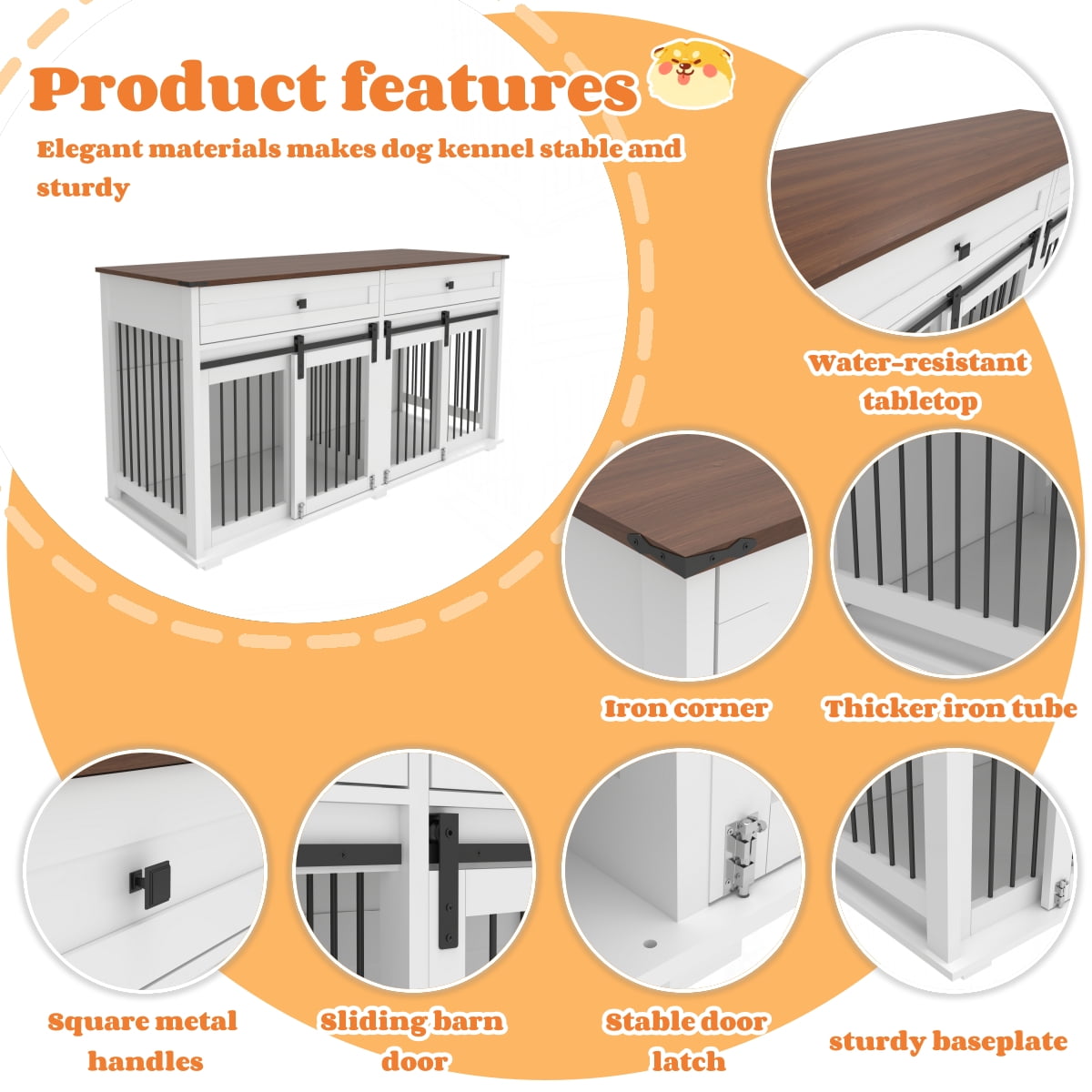 63" Large Dog Crate Furniture for Double Dog, Wooden Dog Kennel with 2 Drawers, Divider and Sliding Door, Water Resistant Indoor Pets Furniture Style Double Dog Crates
