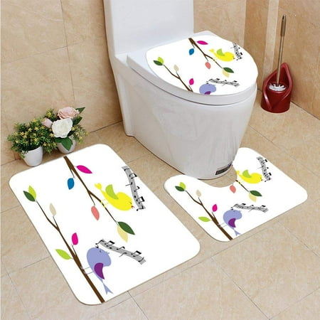 GOHAO Flying Birds Cute Colorful Birds Singing a Tree Best Happiness Mascots Artsy H 3 Piece Bathroom Rugs Set Bath Rug Contour Mat and Toilet Lid