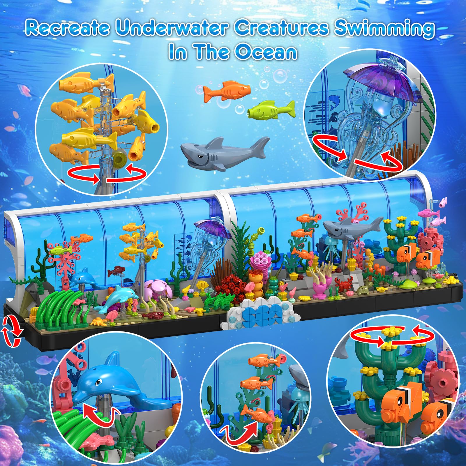 HOGOKIDS Aquarium Building Sets, 2-in-1 Pivoting Oceanarium Animals Construction Building Toys for Kids Aged 6-12