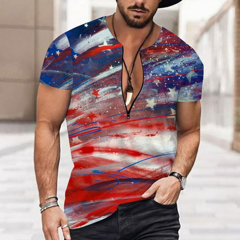 YUHAOTIN 4th of July Mens Fitted Tshirts Black Mens Summer Independence Day  Flag Digital 3D Printing Zipper T Shirt Short Sleeve Shirt Mens T-Shirts