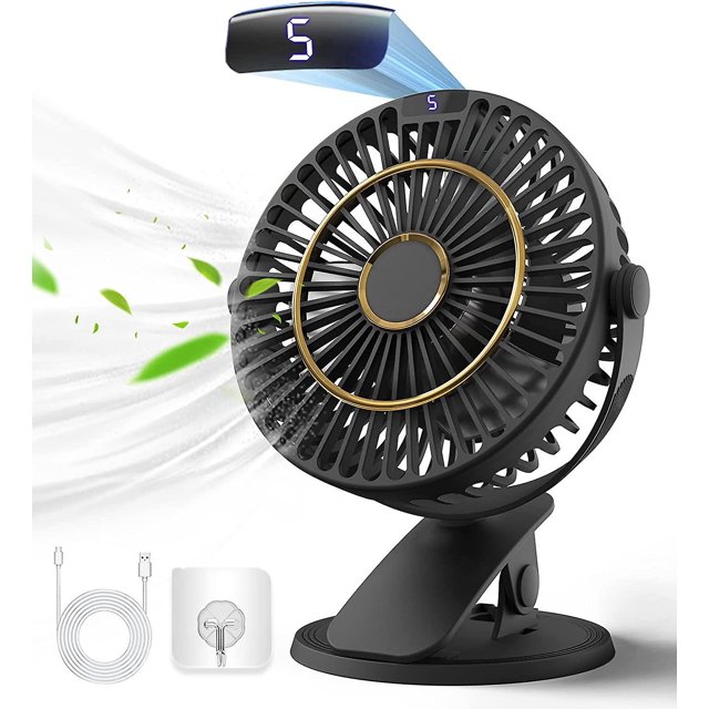 BRILLAR Ventilador de escritorio USB con pantalla LCD, mini ventilador con clip mejorado con 5 velocidades, rotación 720, ventilador de mesa recargable y silencioso, ventilador portátil par