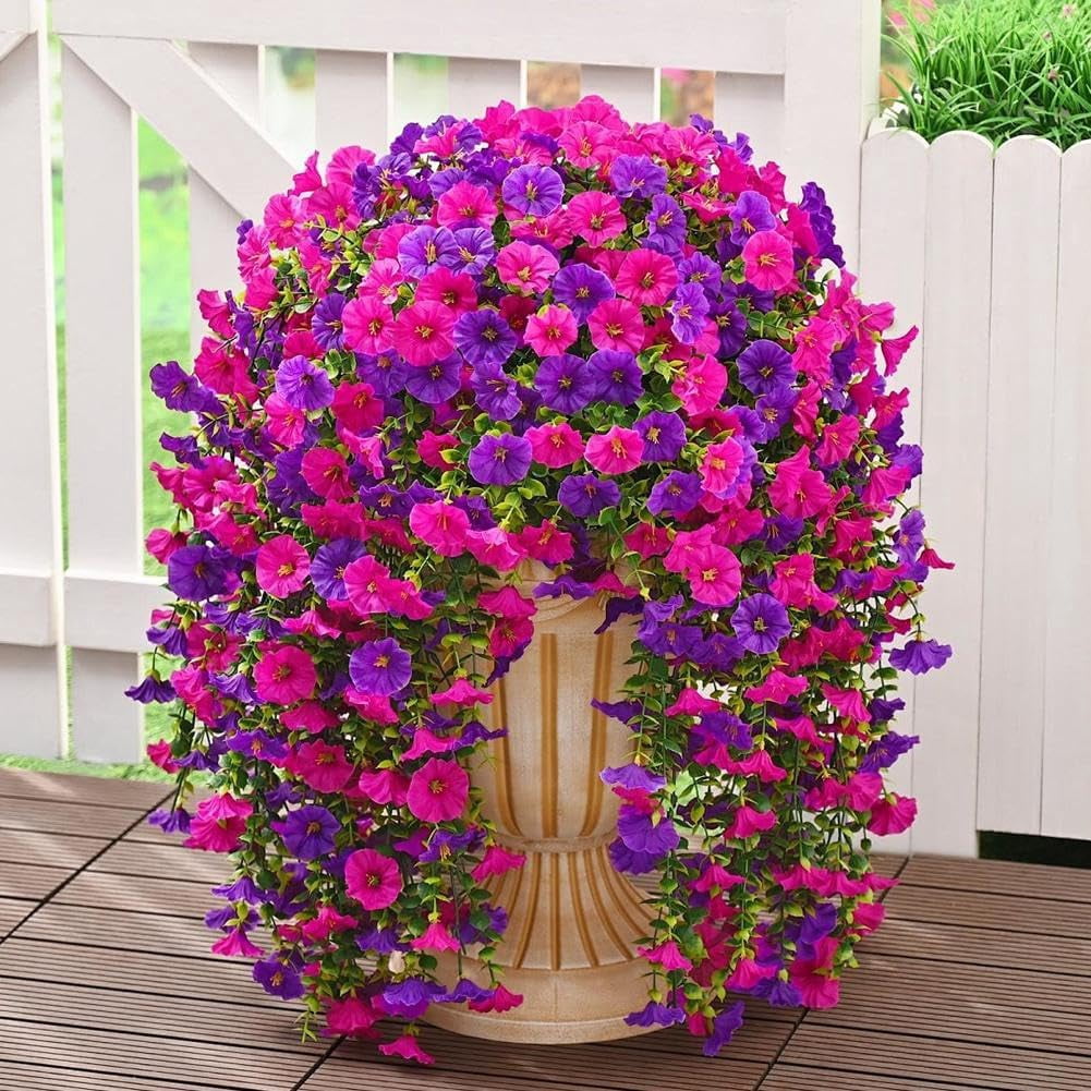 Artificial Hanging Flowers for Outdoors, 2 Pcs Faux Silk Morning Glory with Eucalyptus Leaves, UV Resistant Hanging Vine for Spring Garden Porches Decor
