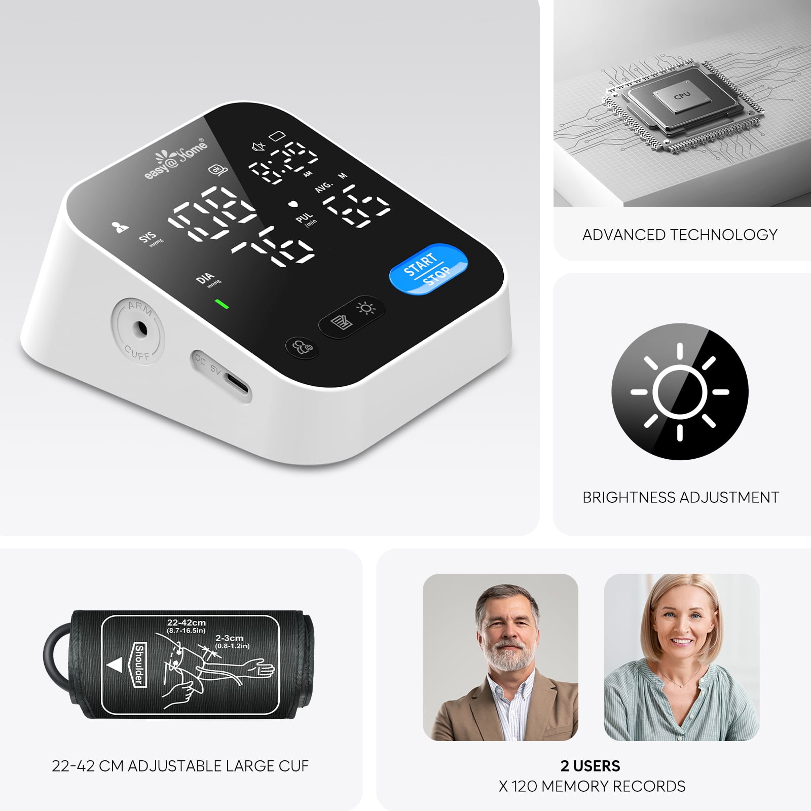 Easy@Home Upper Arm Blood Pressure Monitor, Accurate BP Machine with Voice & LED Display, MyHeartPal App, No Bluetooth