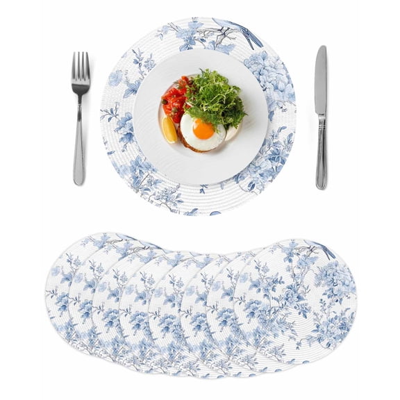 Blue White Flowers Round 13 Inch Placemats Set of 8, Spring Summer Floral Botanical HeatResistant Non Slip Place Mats for Dining Table, Wipeable Braided Kitchen Table Mats for Housewarming