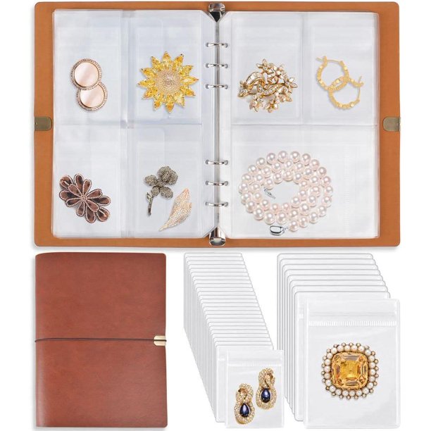 Organizador de joyas, libro de almacenamiento de joyas con bolsillos, álbum de viaje plegable para aretes, folleto de soporte de accesorios de cuero de PU para pulseras, collares y anillos (64 rejil