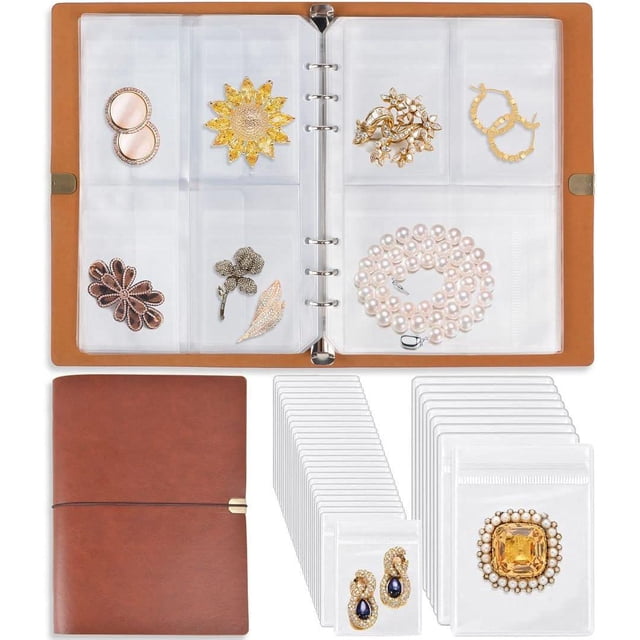 Organizador de joyas, libro de almacenamiento de joyas con bolsillos, álbum de viaje plegable para aretes, folleto de soporte de accesorios de cuero de PU para pulseras, collares y anillos (64 rejill
