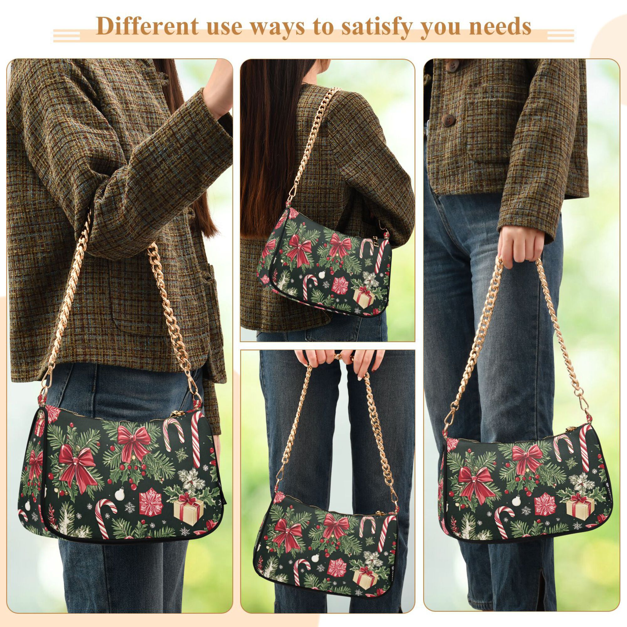 FORMRS Womens Shoulder Bag with Chain Strap Clutch Purse Cute Tote Handbag, Black Christmas Holly