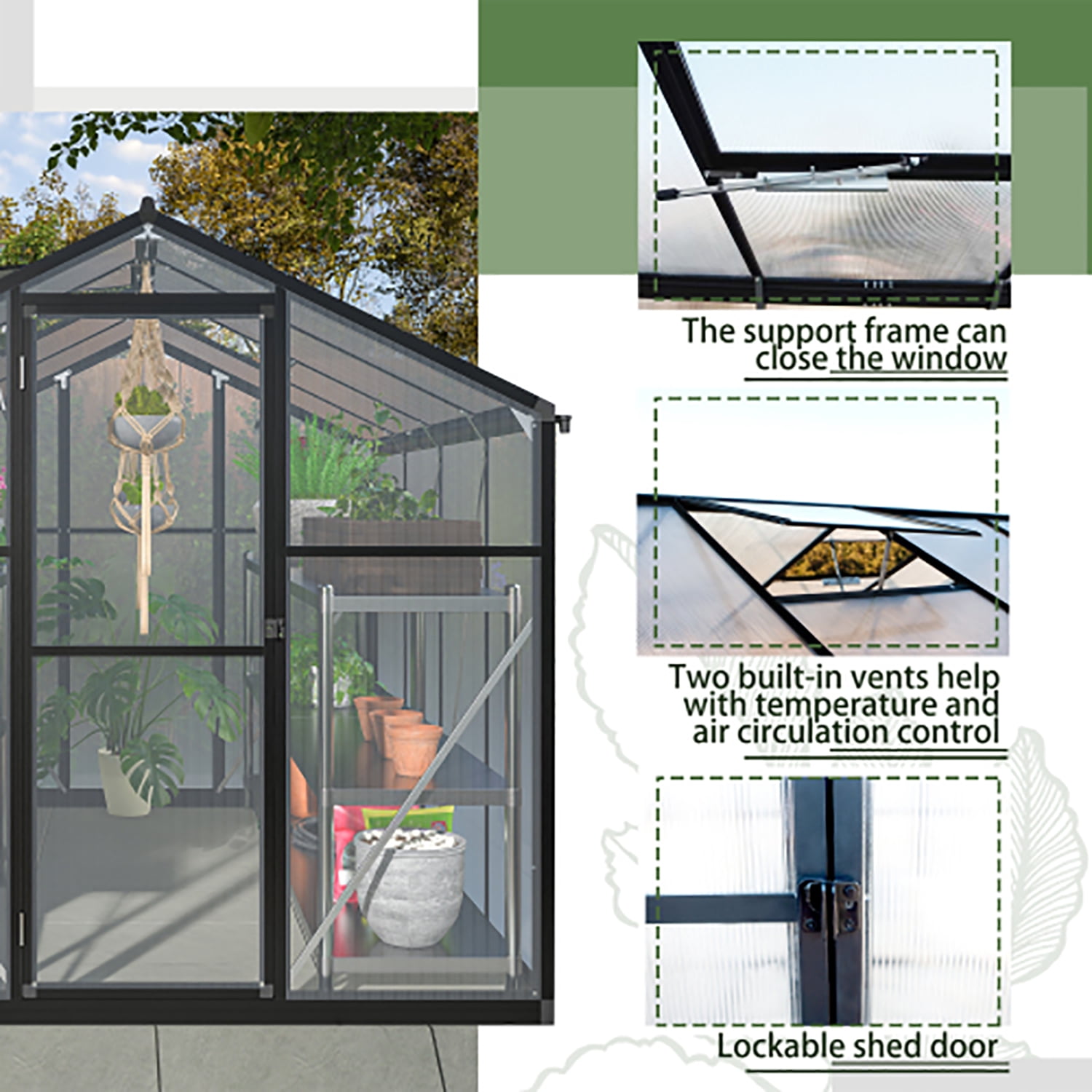 KEHOMY 6'x 8' Polycarbonate Greenhouse, Heavy Duty Walk-in Plant Garden Greenhouse for Backyard/Outdoor，for Growing Flowers, Fruits, Vegetables, and Herbs,Green