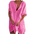 thumbnail image 1 of LOVZFMLL Robe Décontractée Mode Femme Couleur Unie Poche Bouton Manches Courtes Col Rond Rose Vif 2TG, 1 of 3