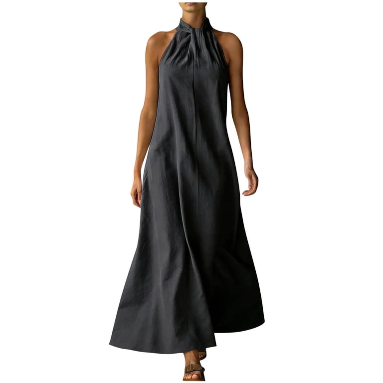 black halter dress flowy A-Line Plus-Size Long V-Neck Prom Dress– PromGirl main image 0