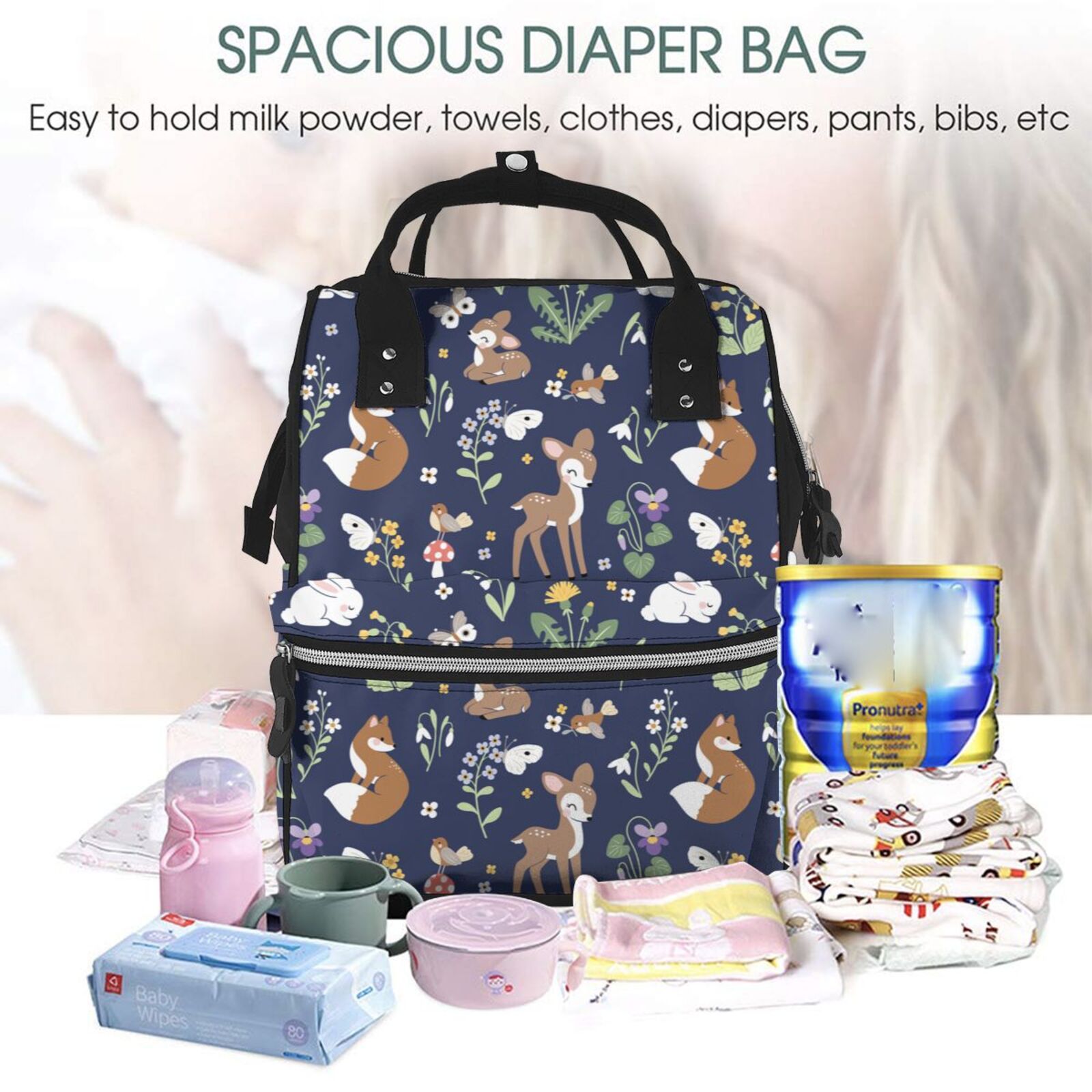 Fuzoiu Animals And Wildflowers Print Diaper Bag Backpack,Baby Essentials Travel Tote,Multi function Waterproof Diaper Bag, Travel Essentials Baby Bag - Unisex