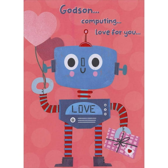 Designer Greetings Cute Blue Robot with Red Foil Accents Holding Balloons and Present Juvenile Valentine's Day Card for Godson