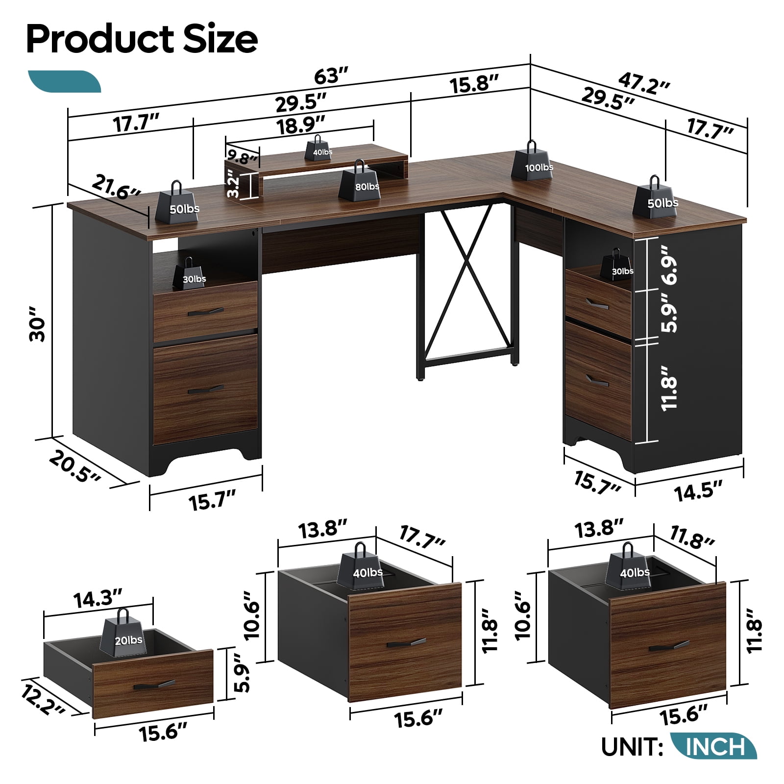 Bestier L Shaped Desk with 4 Drawers, 63" x 47" Executive Office Desk with Monitor Stand, Cherry