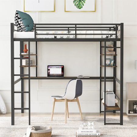 Metal Full Loft Bed with Long Desk  Full Size Loft Bed Frame with Shelves  Space Saving Tall Loft Bed with Ladder and Safety Guardrails for Kids Teens Adults  Dense Metal Slats Support  Black