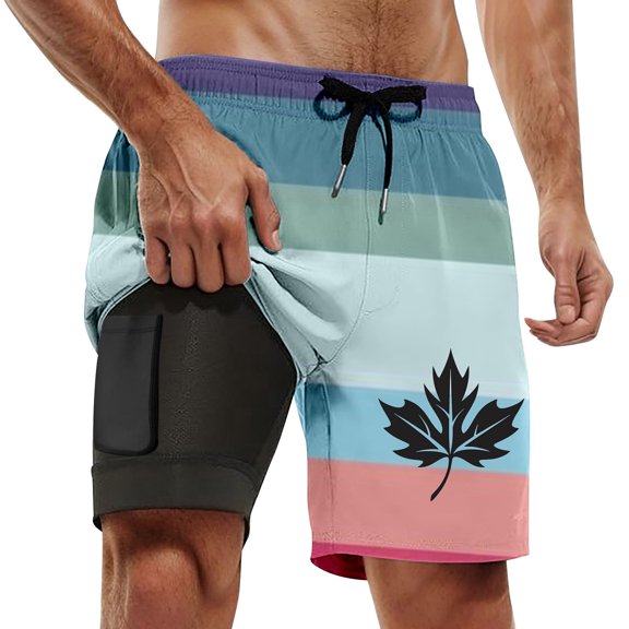 ibiyuan Swim Trunks Men with Compression Liner Quick Dry Mens Bathing Suit 2 In 1 Cargo Pocket Pool Shorts Pockets Lightweight Printed Surf Swimwear,Pink-C