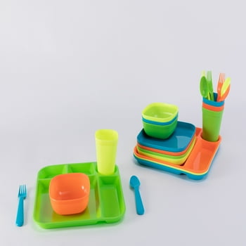 Your Zone 24 Piece Dinnerware Set for Kids with 4 each Trays, s, Plates, Cups, Forks, Spoons in Bright Blue, Green, Orange, Yellow