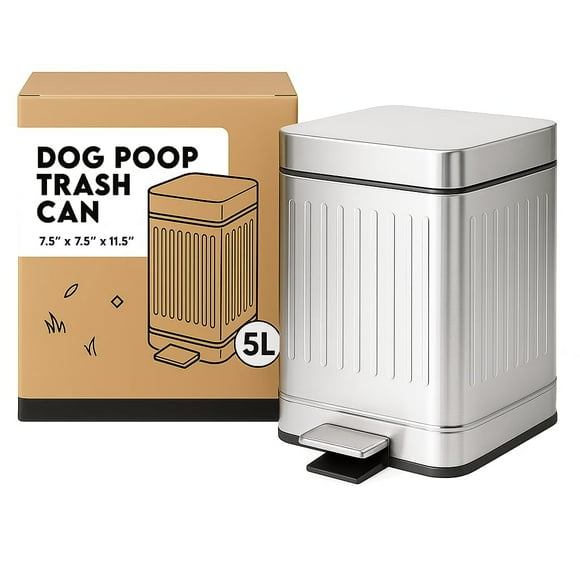 AnimoGoods Stainless Steel Dog Waste Bin, 1.3 Gal, Outdoor, Odor Control, Hands-Free, Soft-Close Lid, Compact, 4.92L, Steel