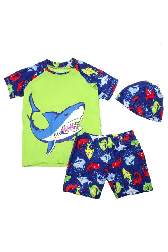 Kids Boy Cartoon Dinosaur Shark Rashguard Top & Swim Shorts with Hat 3 pcs Set (Blue Shark/Green, 2XL/9-11 Years)