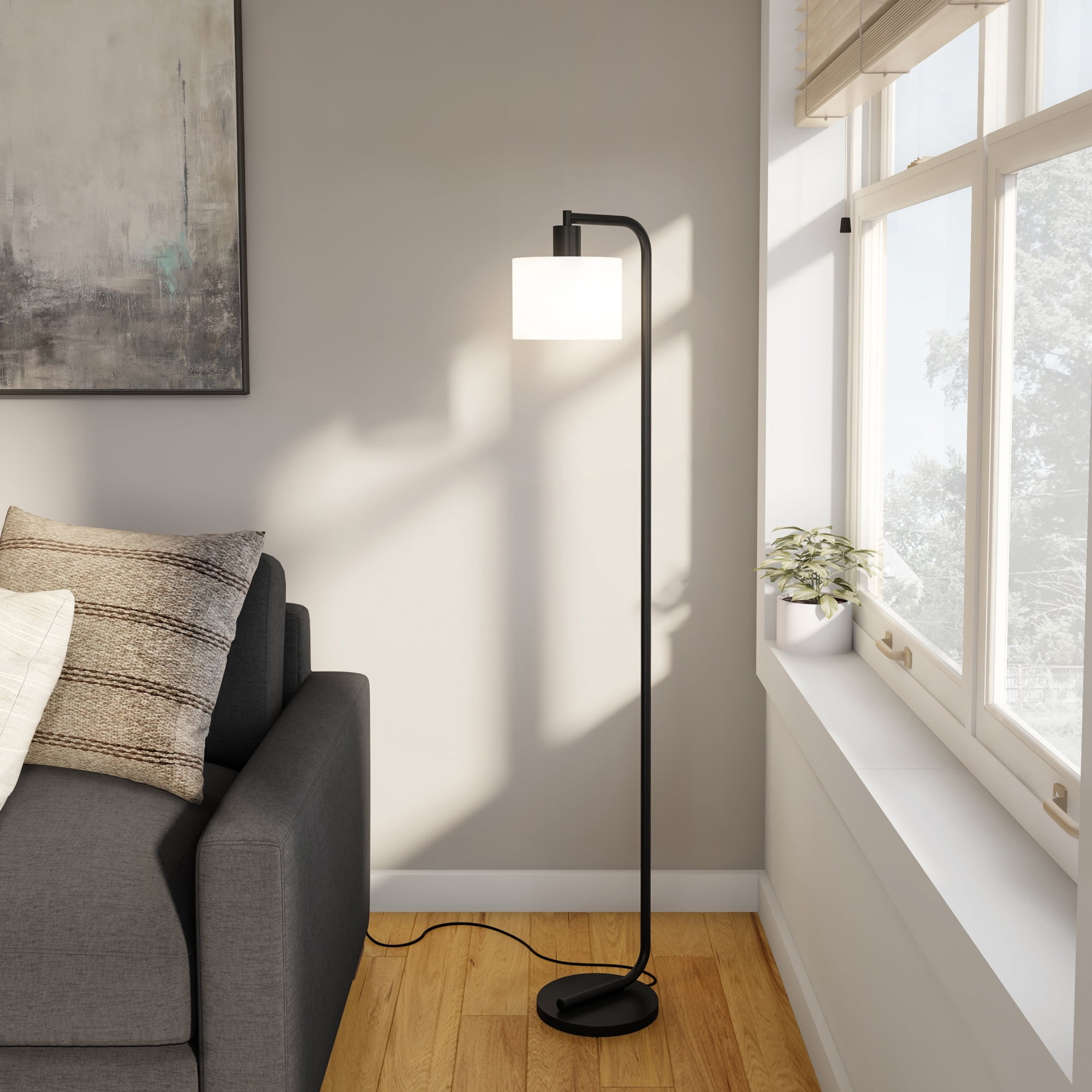 Evelyn&Zoe Cadmus 57" Tall Floor Lamp with Glass Shade, Blackened Bronze/White