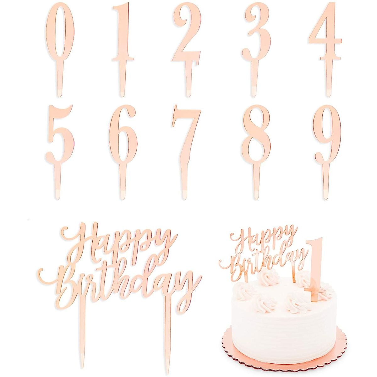 11 Pack 0-9 Number Rose Gold Happy Birthday Cake Topper for Party Supplies Decorations, 4 x 6 inch