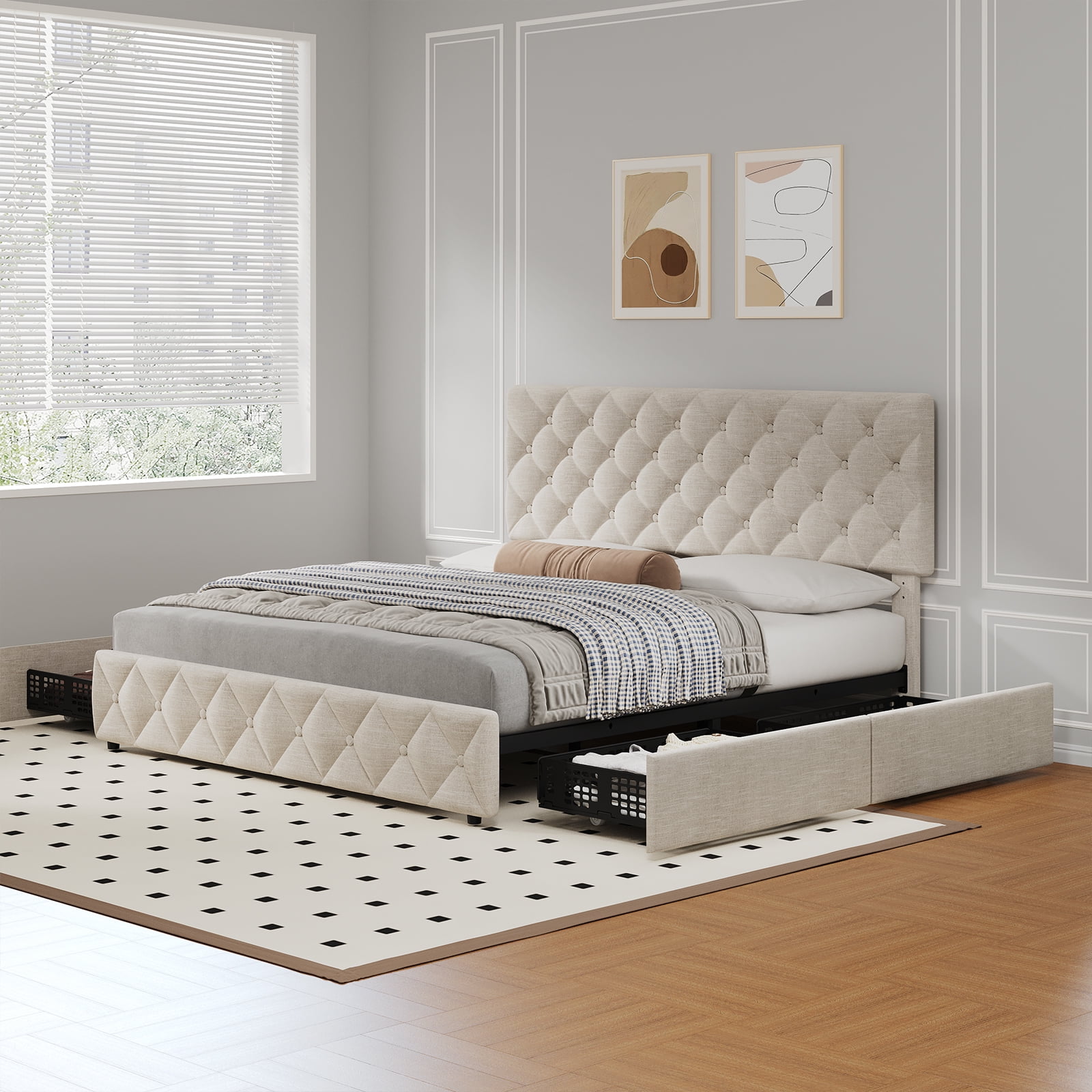TEQIN Upholstered Queen Bed Frame with 4 Storage Drawers, Diamond Tufted Fabric Platform Bed with Sturdy Support,No Box Spring Needed, Easy Assembly, Noise Free